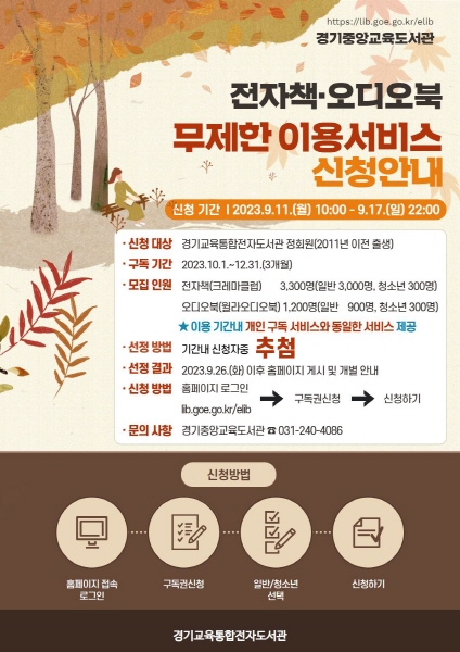 경기중앙교육도서관, 17일까지 ‘전자책‧오디오북 무료 구독권’신청 접수